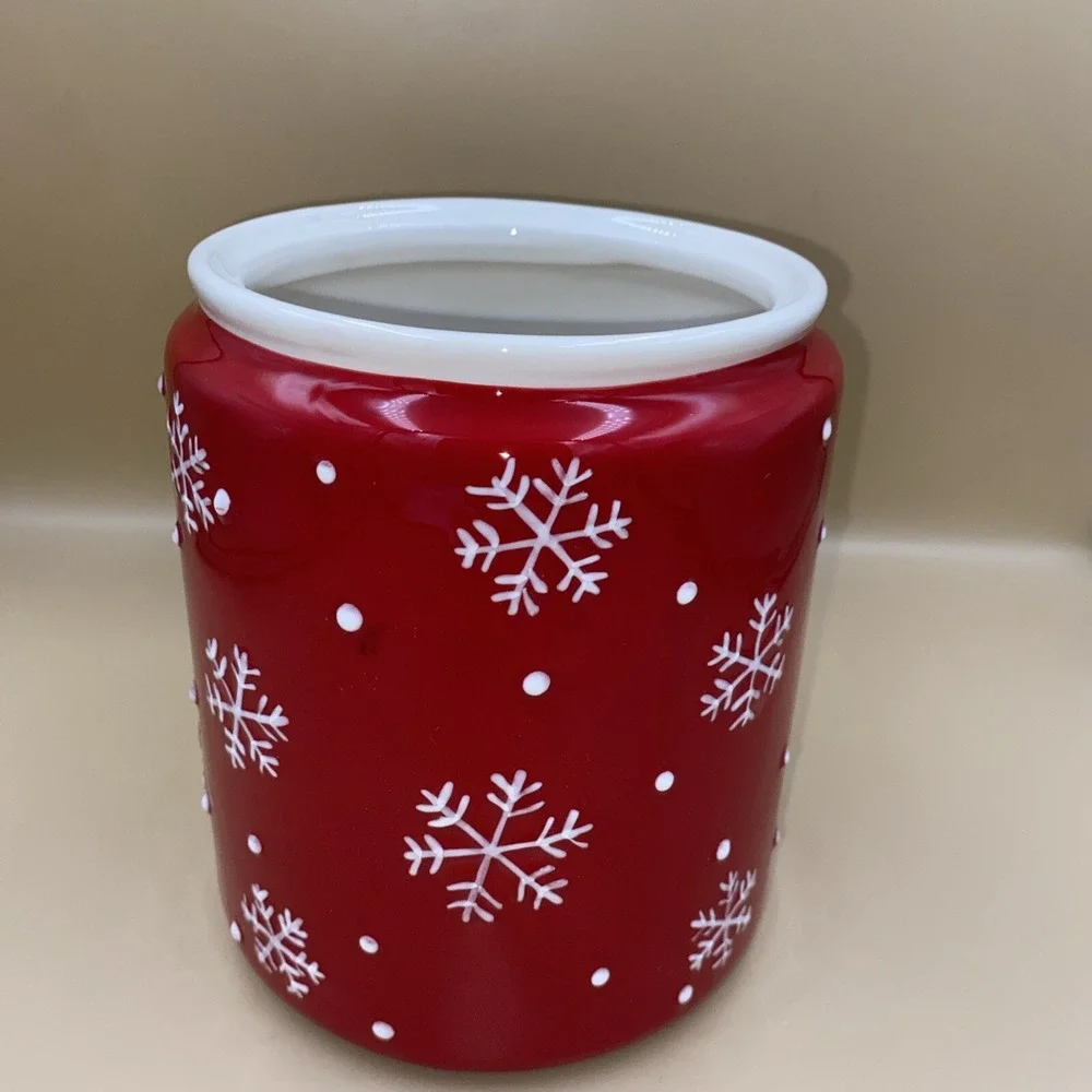 Hallmark Snowman Ceramic‎ Canister Red Holiday Kitchen Decor OS Snowflake Jar